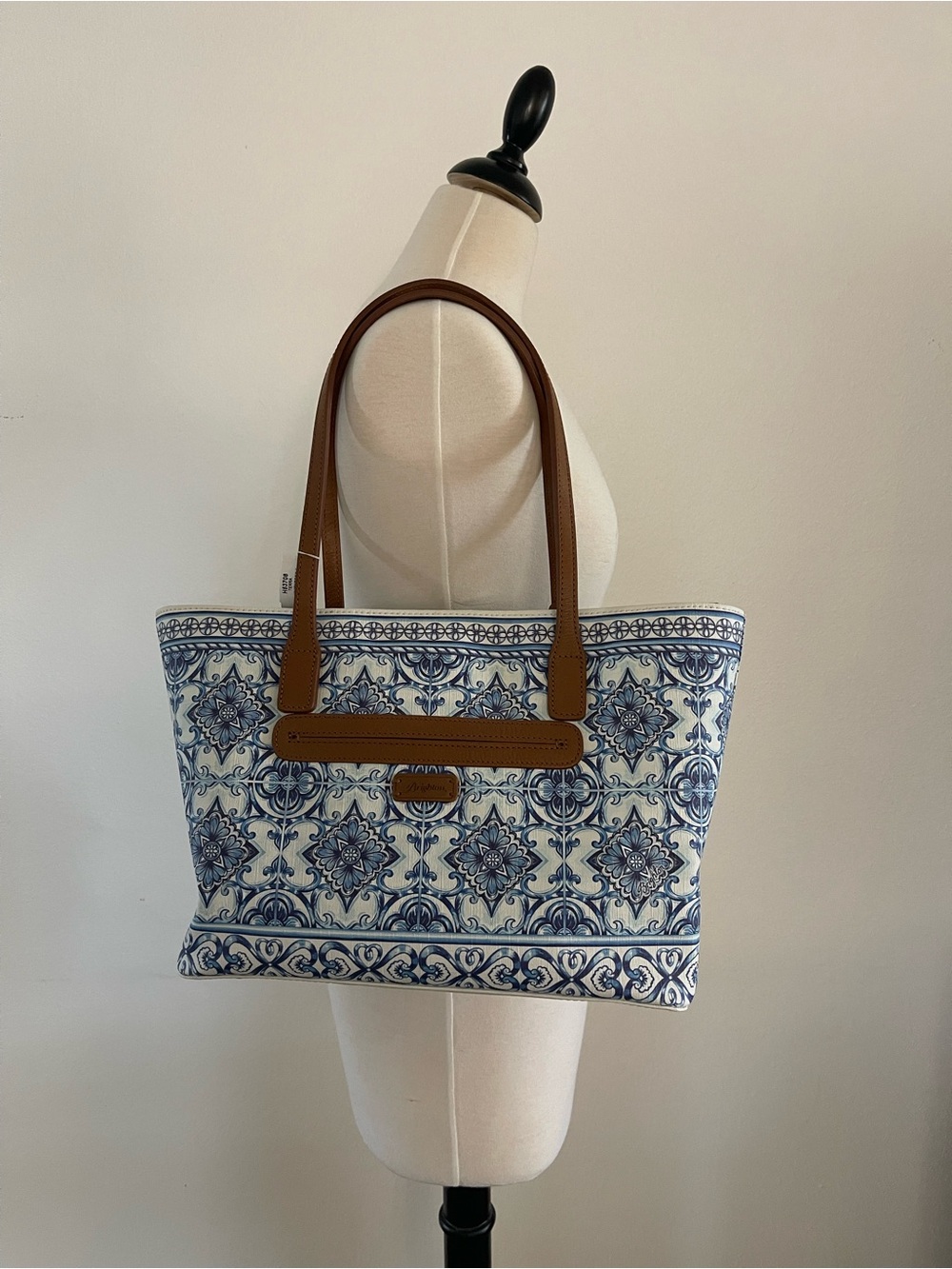Brighton Blue Tile-Pattern Tote with Brown Handles
